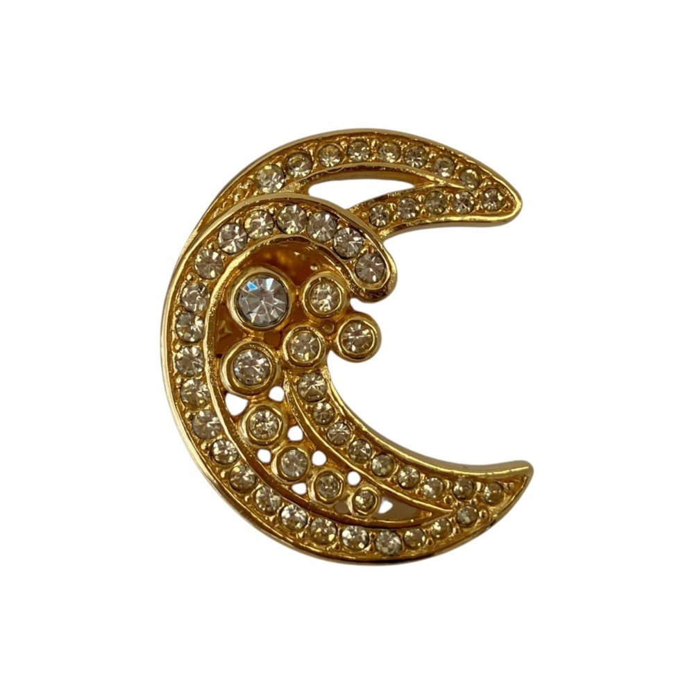 Christian Dior Vintage Moon Motif Rhinestone Pin Brooch, GP Gold Color, Women's